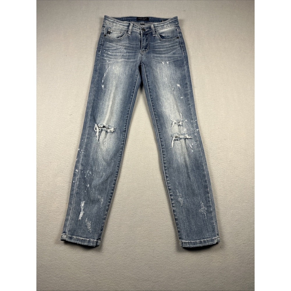 Judy Blue Boyfriend Jeans Women 3/26 Light Blue Distressed Ripped Paint Splatter